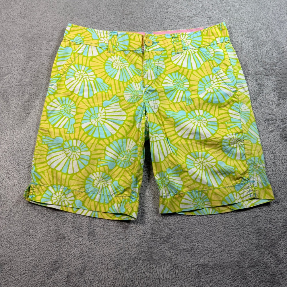 Lilly Pulitzer Shorts Women Size 6 Green Yellow Blue Shell Cotton Swim Summer